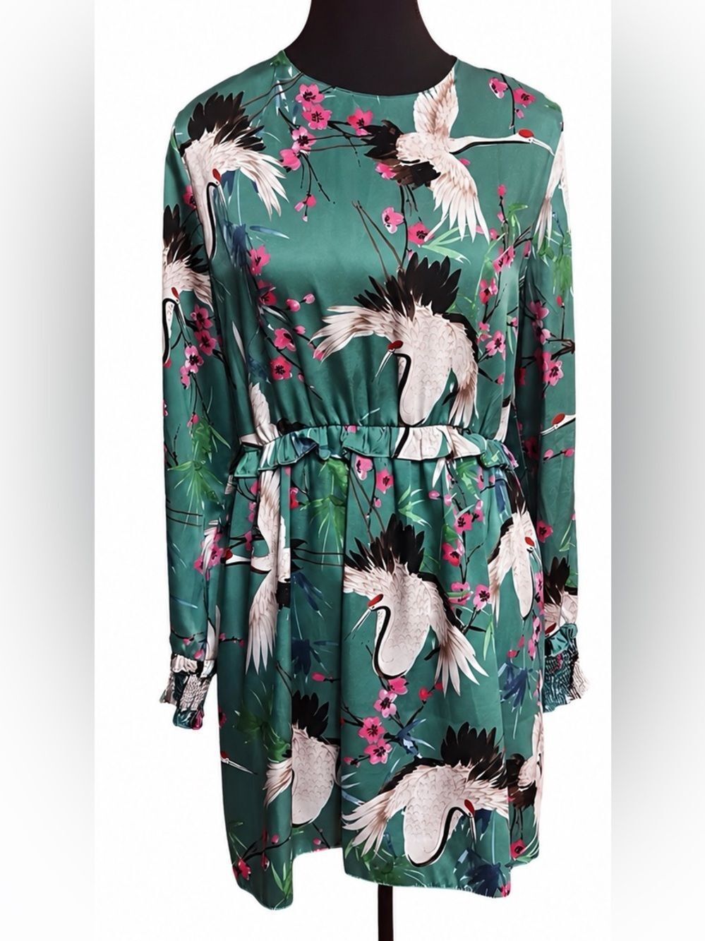 Dress – Size Large Zara Basic Heron & Cherry Blossom Satin-Like Dress